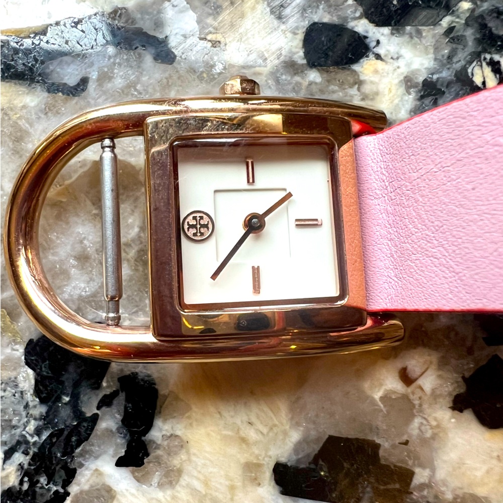 Tory Burch gold with powder pink leather strap